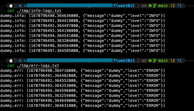 Fluent Bit output showing logs with the color key removed