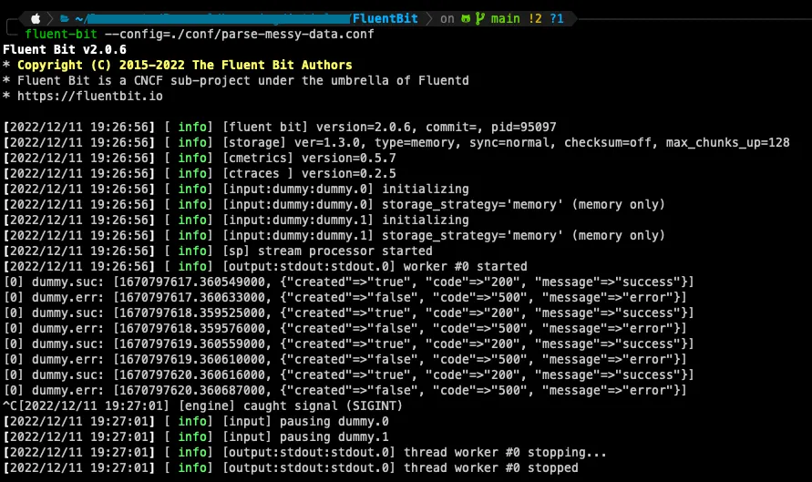 Fluent Bit output showing parsed messy data