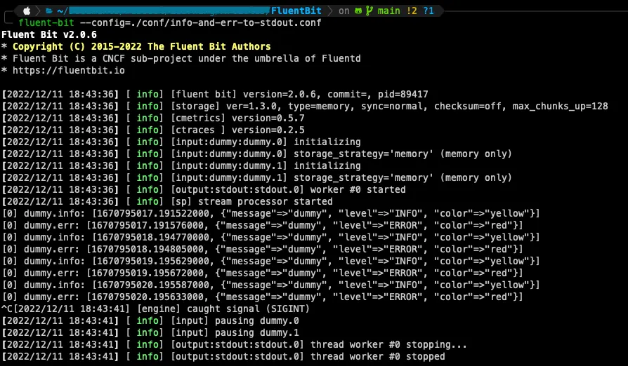 Fluent Bit output showing info and error logs redirected to stdout